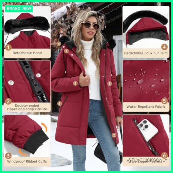 Women's Winter Puffer Coat Fleece Lined Parka Jacket with Detachable Hood - Picture 4 of 7